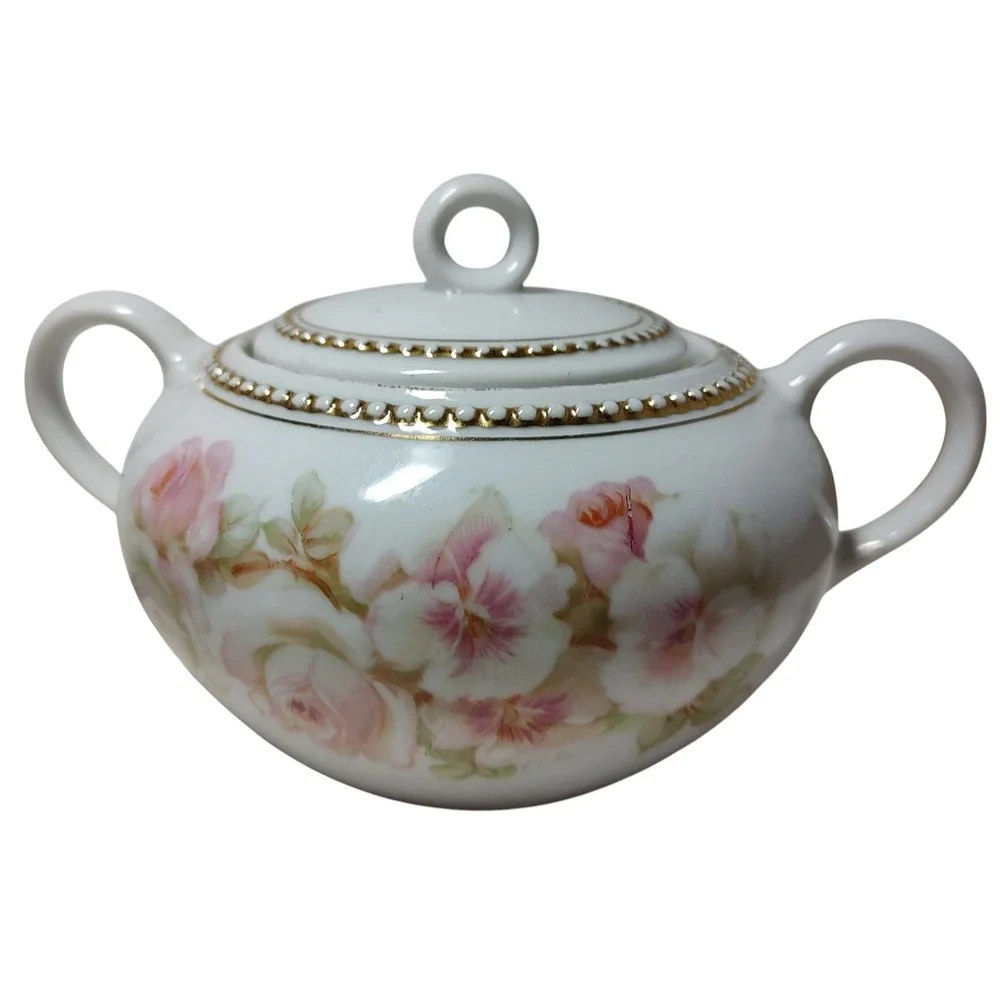 Antique PK Silesia Creamer and Covered Sugar Bowl Floral Rose Gold‎ Trim Poland